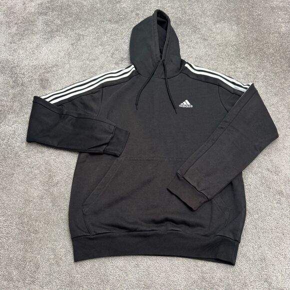Adidas Hoodie Pullover Sweatshirt Mens Small Black Three Stripes Fleece Active - Picture 1 of 14